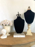 Black velvet bust jewelry holder with metal crown
