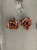 Vintage patina peachy rusted Roses, 2 metal roses
