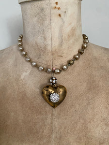Heart pendant, 1 patina aged gold heart with rhinestone ball attached