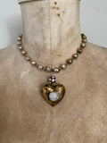 Heart pendant, 1 patina aged gold heart with rhinestone ball attached