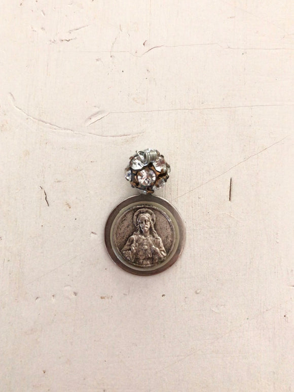 Silver Jesus pendant, 1 silver pendant with rhinestone ball attached