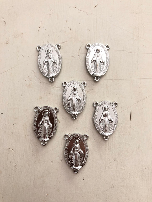 Metal Virgin Mary findings, 6 silver rosary connectors, Virgin Mary rosary connectors