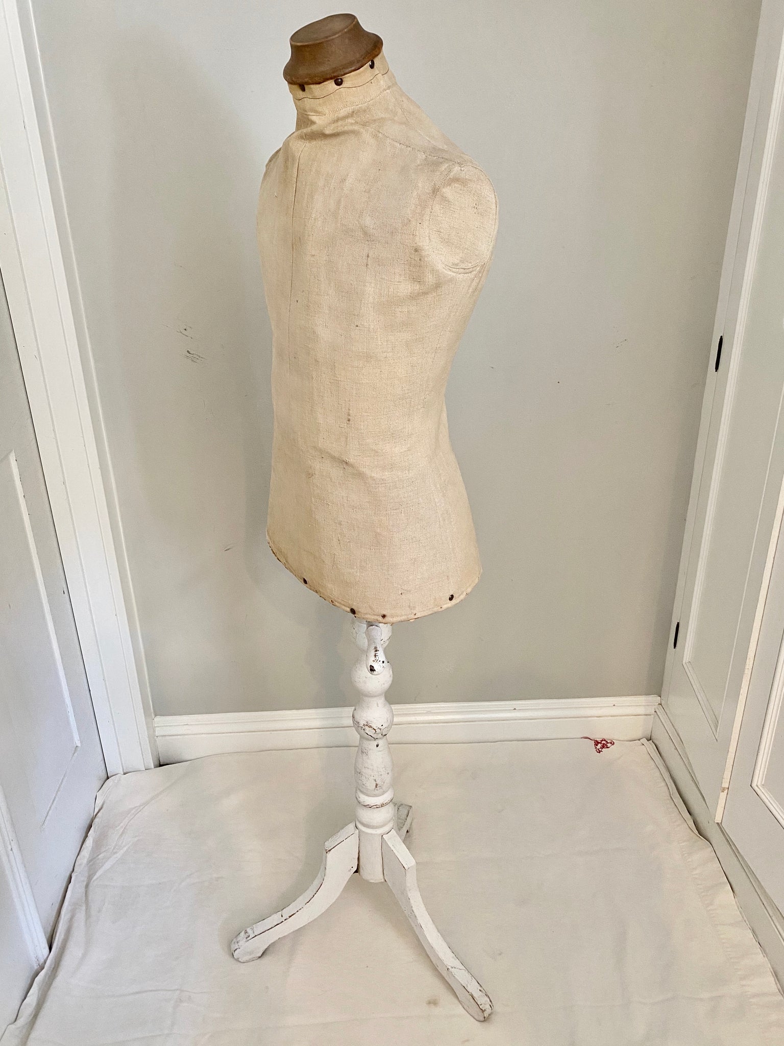 Antique Mannequin dress form with antique wood base Faded Fragments Antique Mannequin dress form with antique wood base Faded Fragments
