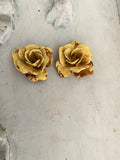 Vintage patina yellow rusted Roses, 2 metal roses