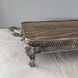 Silver tray platform, wood top silver tray, footed silver tray with wood top