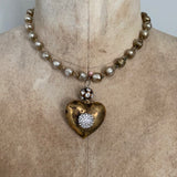 Heart pendant, 1 patina aged gold heart with rhinestone ball attached