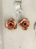 Vintage patina peachy rusted Roses, 2 metal roses