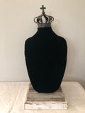 Black velvet bust jewelry holder with metal crown