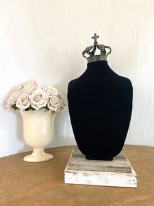 Black velvet bust jewelry holder with metal crown