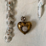 Heart pendant, 1 patina aged gold heart with rhinestone ball attached