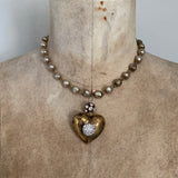 Heart pendant, 1 patina aged gold heart with rhinestone ball attached