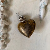 Heart pendant, 1 patina aged gold heart with rhinestone ball attached
