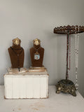 Saddle brown velvet bust jewelry holder with metal crown