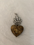 Gold heart pendant, 1 aged gold heart with rhinestone crown attached
