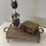 Silver tray platform, wood top silver tray, footed silver tray with wood top