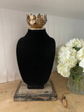 Black velvet bust jewelry holder with metal crown