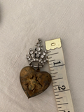 Gold heart pendant, 1 aged gold heart with rhinestone crown attached