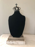 Black velvet bust jewelry holder with metal crown