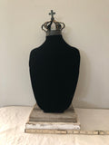 Black velvet bust jewelry holder with metal crown